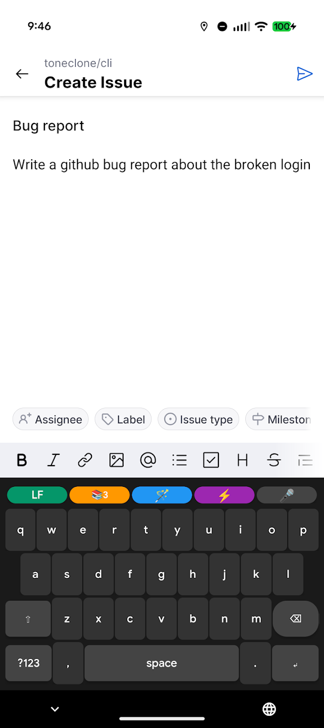 ToneClone keyboard in GitHub mobile app