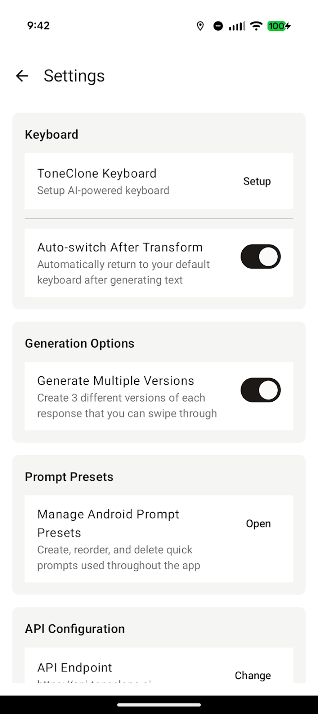 ToneClone Android app settings