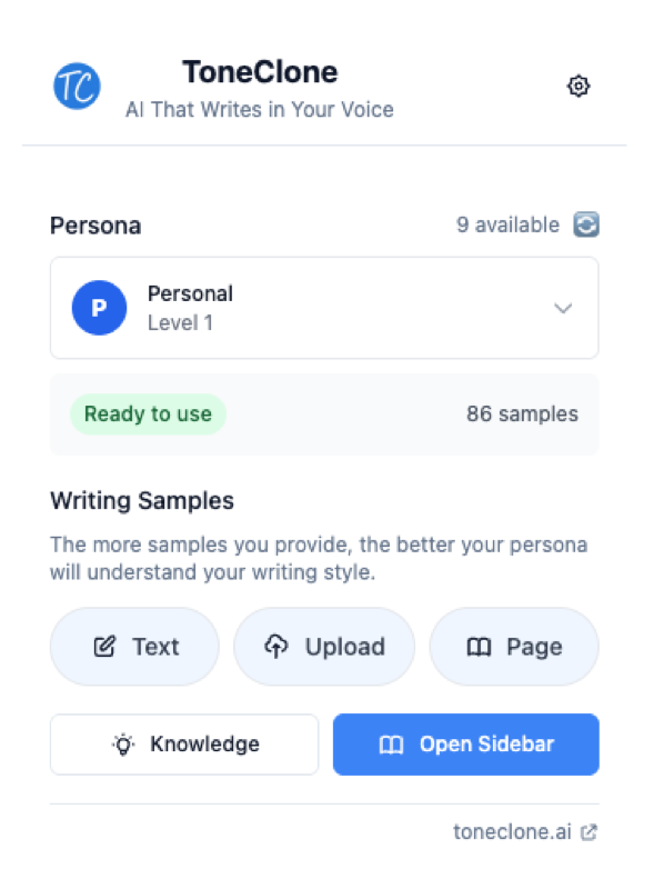 ToneClone extension popup menu