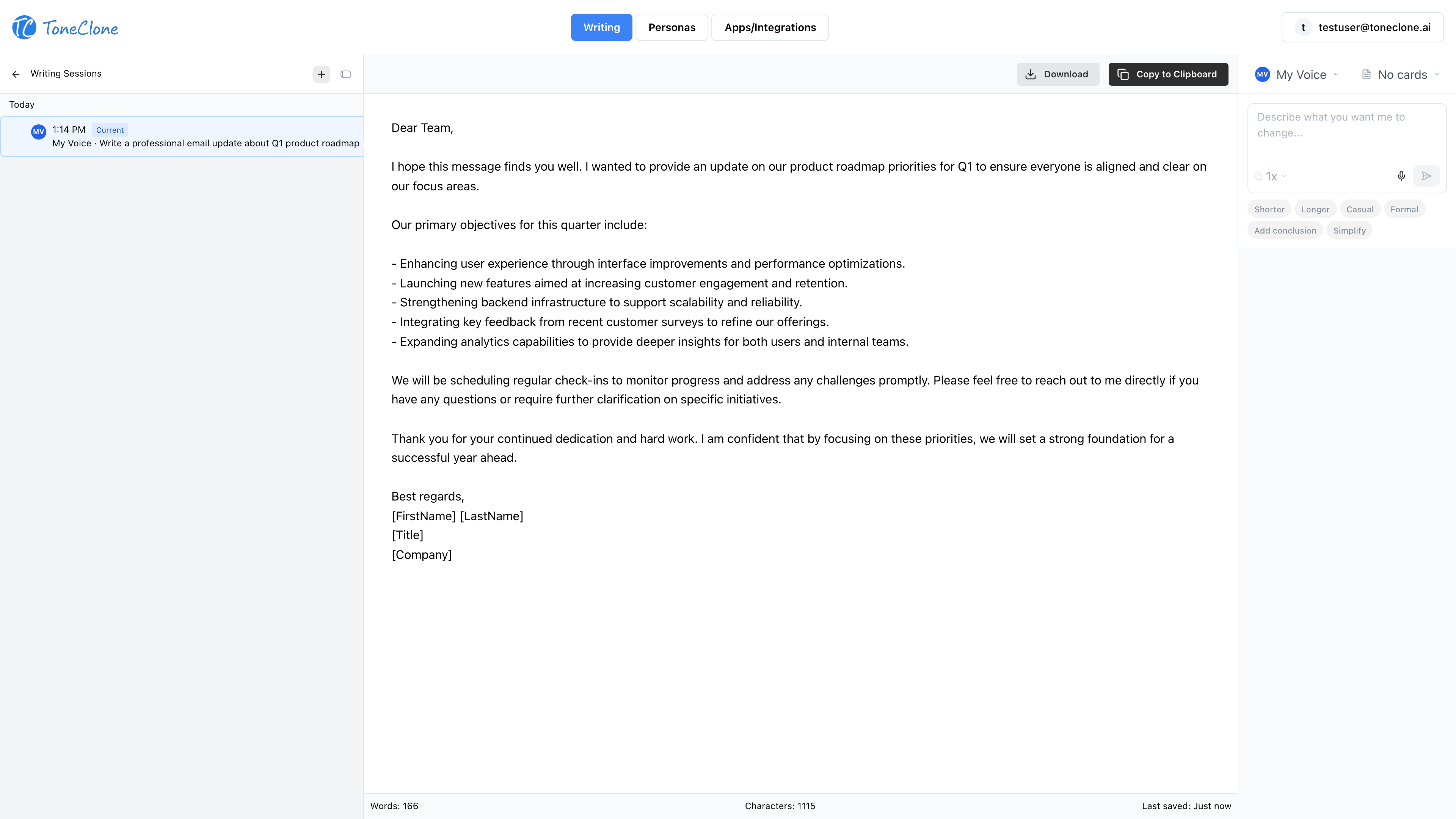 ToneClone active document view showing recent writing projects